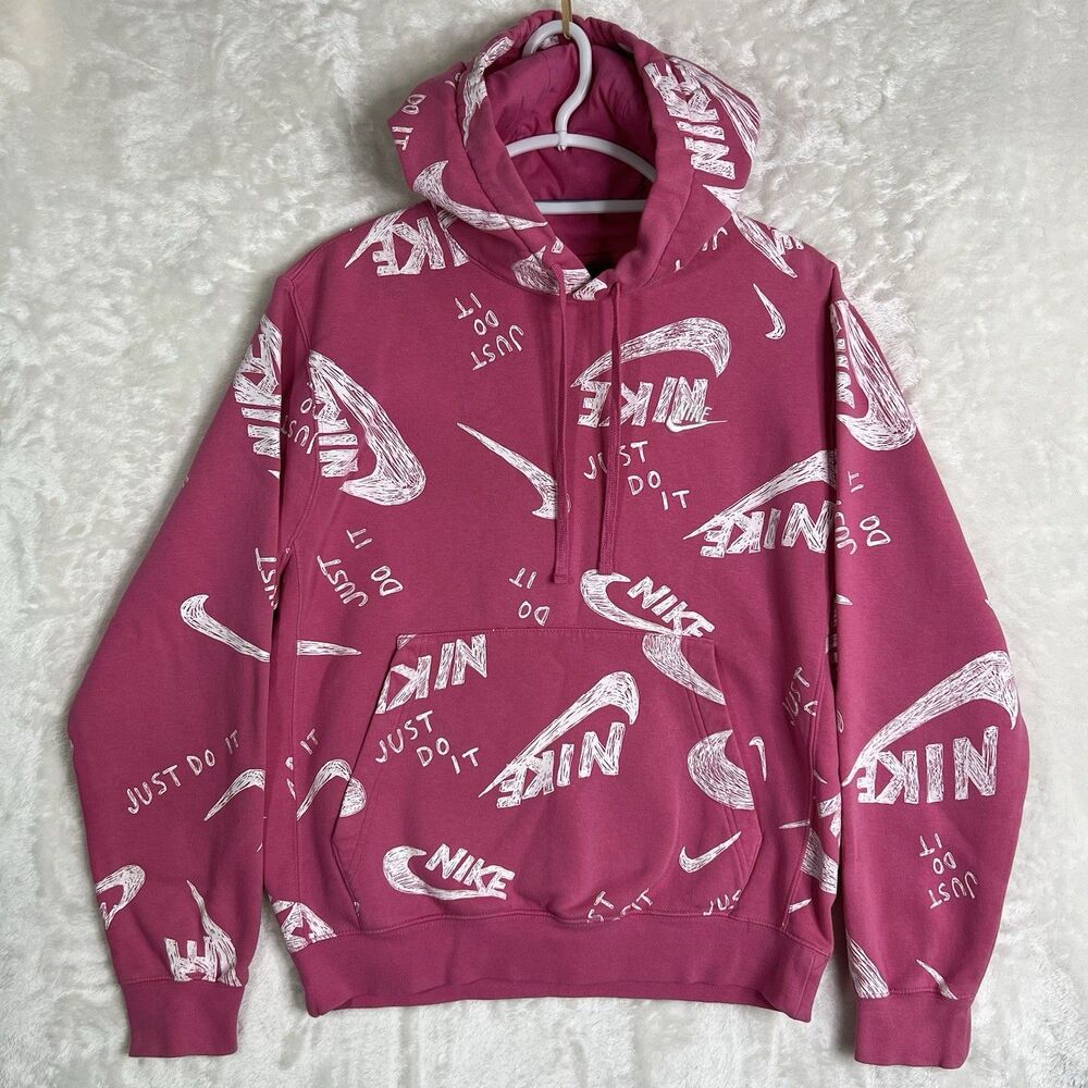 Nike Sport Hoodie Sz S Cotton Pink /white Logos Sleeves Pockets  School Travel